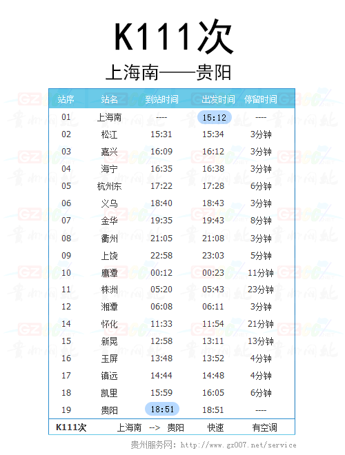 上海南至貴陽(yáng)K111次列車(chē)時(shí)刻表