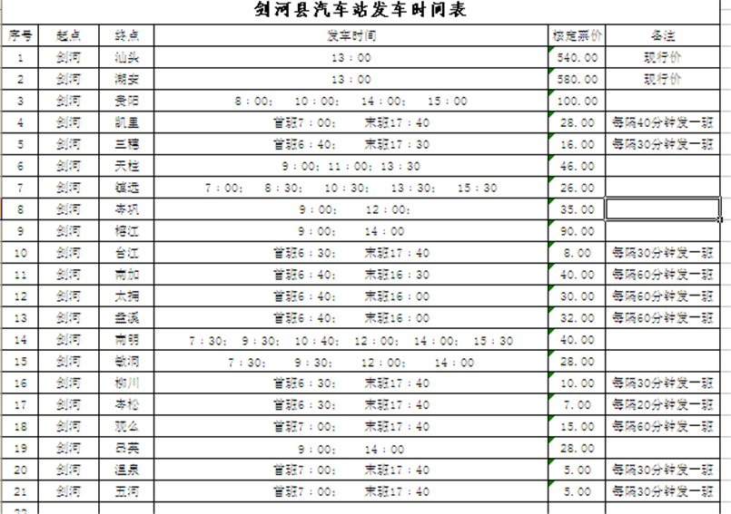 劍河縣汽車站發(fā)車時刻表